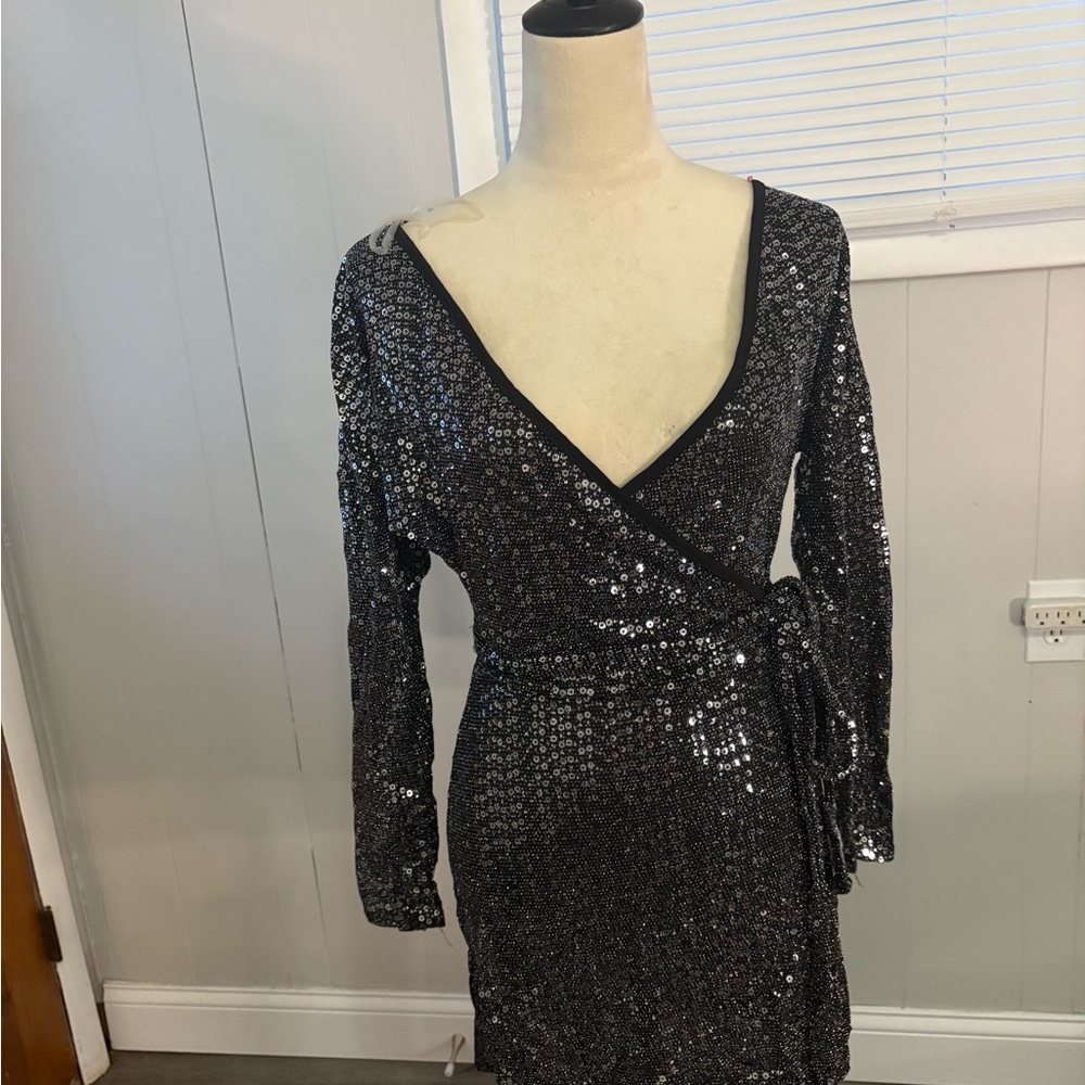 Elegant Black Sequin Wrap Dress
